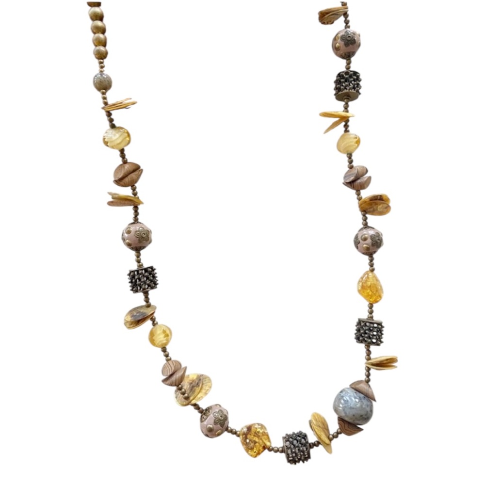 Chico’s Long Necklace Neutral Shell Stone Mixed Brass